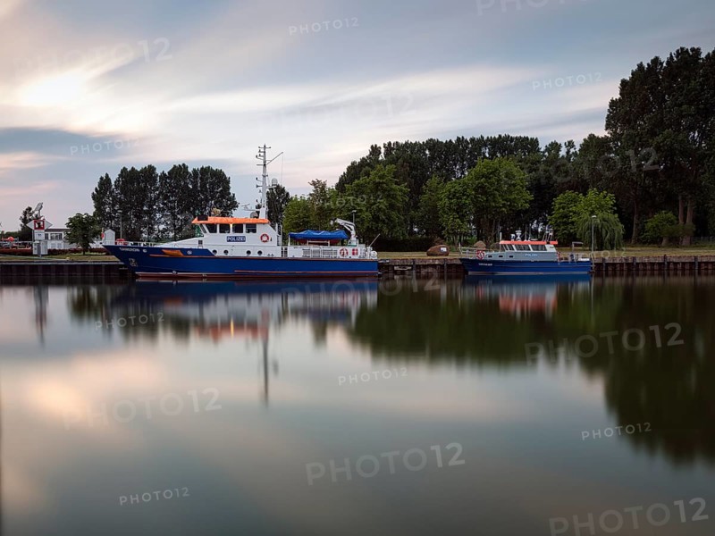 Two police boats, Damerow and Uecker, water police, long exposure, marina, fishing port Karlshagen, Usedom, Germany, Europe