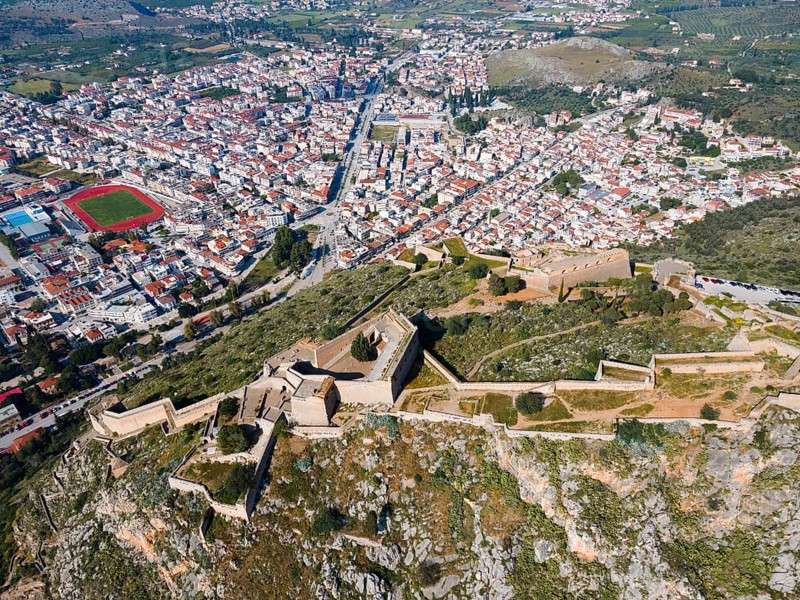 Aerial view, Palamidi Castle, Palamidi Fortress, Old Town, Nafplio, Nauplia, Nauplion, Argolis, Argolic Gulf, Peloponnese, Greece, Europe