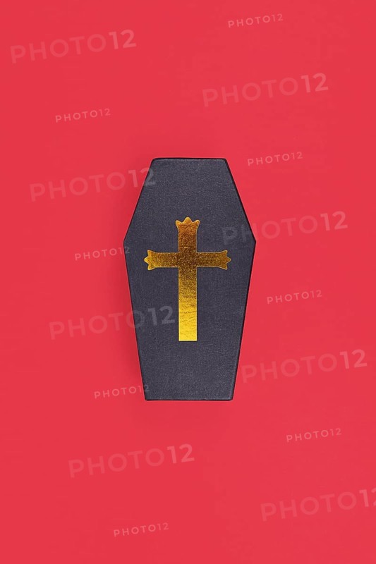 Coffin shaped Halloween cardboard gift box on red background