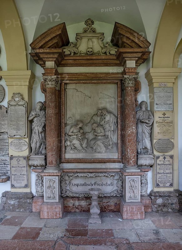 Crypt arcades, grave counters in the arcade of St. Sebastian's Cemetery, Church of St. Peter, Salzburg, Austria, Europe
