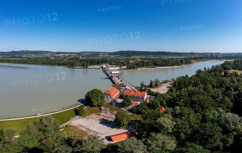 Drone shot, Inn power plant Ering Frauenstein, Frauenstein Castle, Mining, Inn, Innviertel, Upper Austria, Austria, Europe