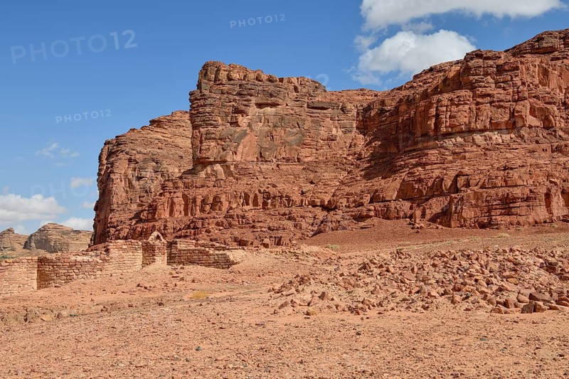 Islamic period buildings in front of the rocks of Dadan or Dedan, near AlUla, Medina Province, Saudi Arabia, Arabian Peninsula, Asia
