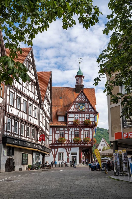 Town hall and half-timbered houses on the market square of Bad Urach, Reutlingen district, Baden-Württemberg, Germany, Europe