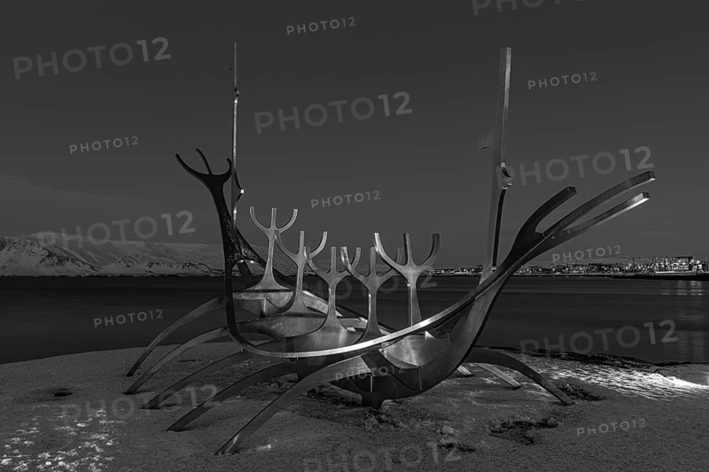 Viking ship sculpture, Sun Voyager, black and white photograph, Reykjavik, Reykjanes Peninsula, Sudurnes, Iceland, Europe