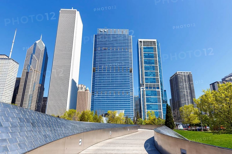 Chicago skyline skyscraper skyscrapers and BP Pedestrian Bridge bridge skyscraper in Chicago, USA, North America