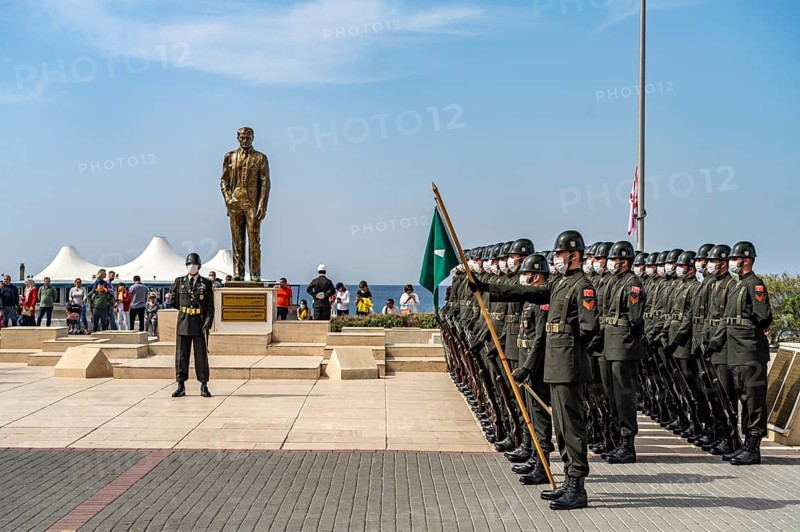 Parade of Turkish soldiers at the monument to Kemal Atatürk on the promenade in Kyrenia or Girne, Turkish Republic of Northern Cyprus