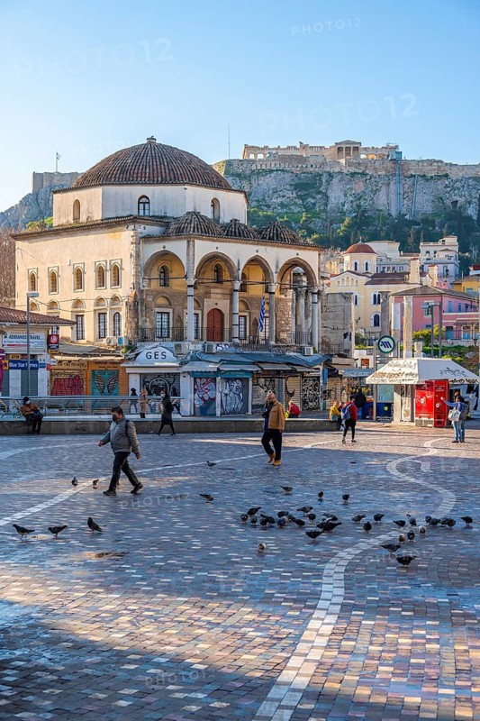 Tzisdarakis Mosque and Acropolis, Monastiraki Square, Athens, Attica, Greece, Europe