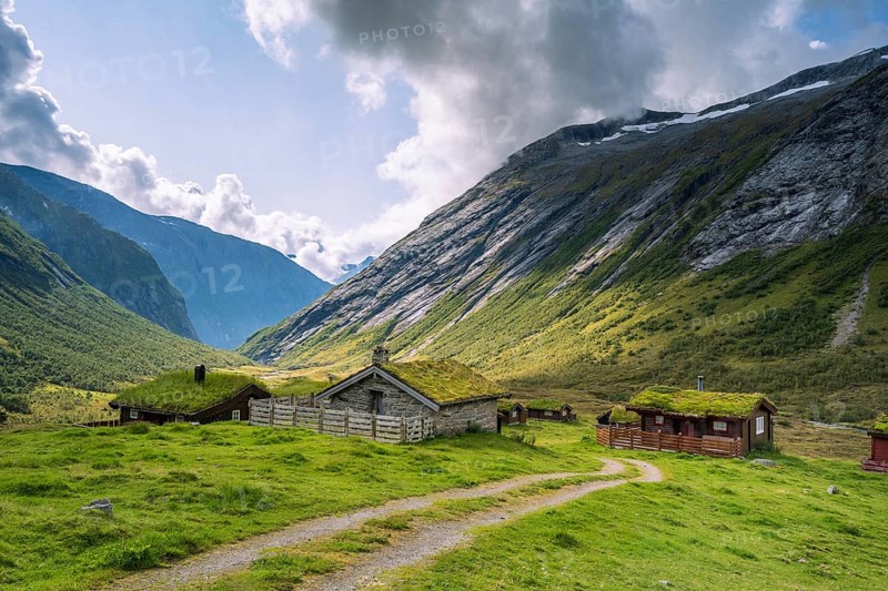 Traditional cabins with grass roofs in the mountain valley, Skjerdingsdalssætra, Stryn, Norway, Europe