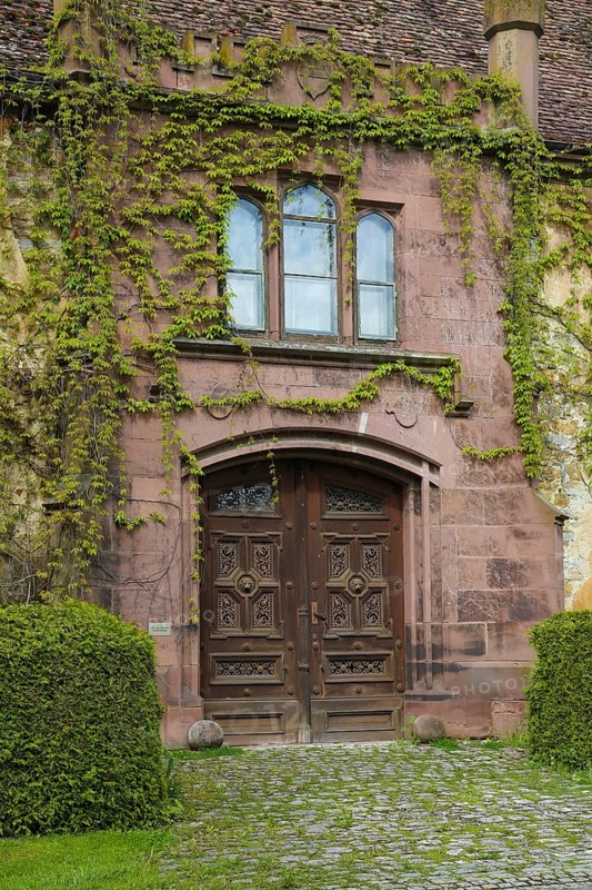Dotternhausen Castle, Cotta's Castle, Dotternhausen Castle, historical building, aristocratic residence, architecture, detail, ornate wooden door, entrance front door, lion's head, overgrown facade, green facade, climbing plants, Dotternhausen, Zollernalbkreis, Baden-Württemberg, Germany, Europe