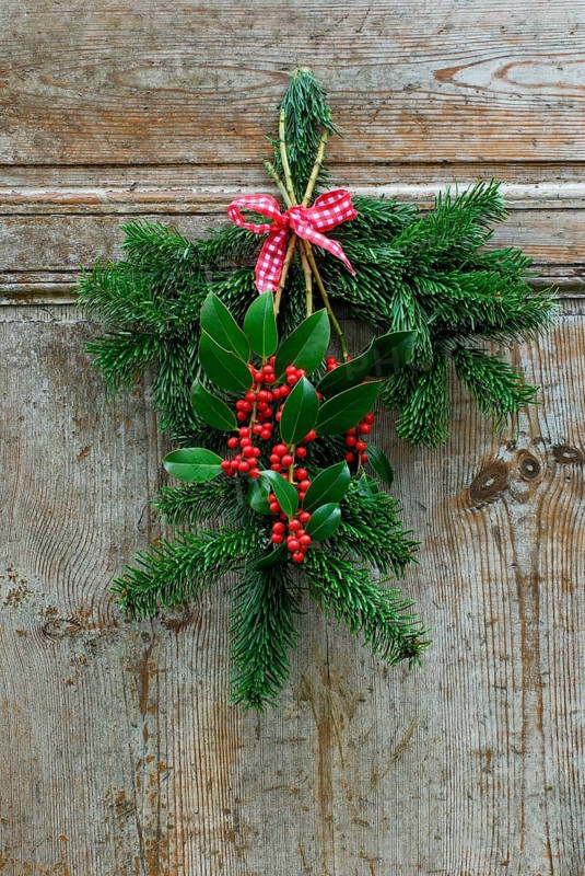 Holly (Ilex aquifolium) , twig, leaves and berries, old wooden door, piercing tube, Christmas decoration
