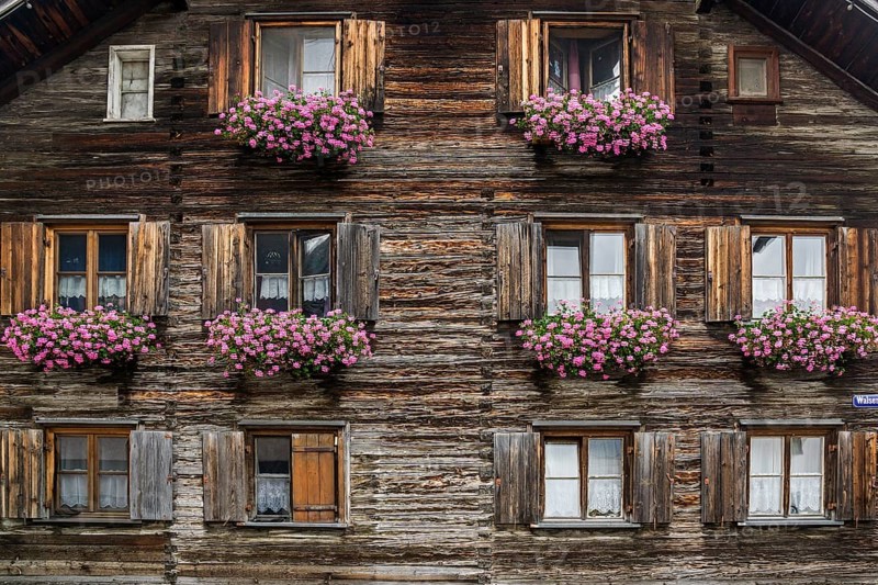 Old wooden house with geraniums in front of the windows in Zollstraße, Oberstdorf, Oberallgäu, Allgäu, Swabia, Bavaria, Germany, Europe