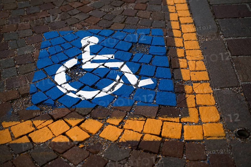 Reserved for wheelchair, severely disabled, marking on pavement, Ortisei, Val Gardena, South Tyrol, Italy, Europe