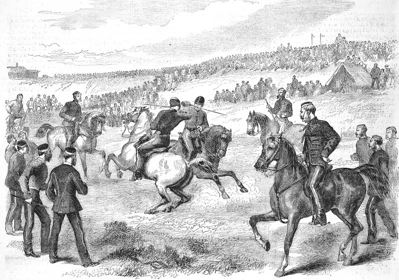 English lancers training, 1869, at Aldershot camp, England, Historic, digitally restored reproduction of an original 19th century artwork, exact original date unknown