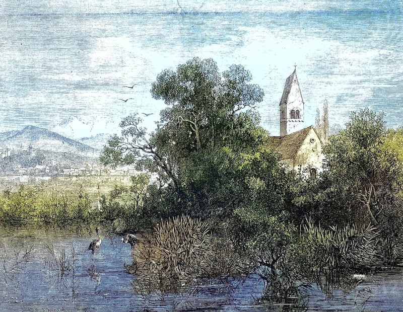 View of Lake Zurich, Lake Zurich, the island of Ufenau where Ulrich von Hutten's grave is located, the former parish church of St. Peter and Paul built in 1141, 1869, Switzerland, Historic, digitally restored reproduction of a 19th century original, Europe