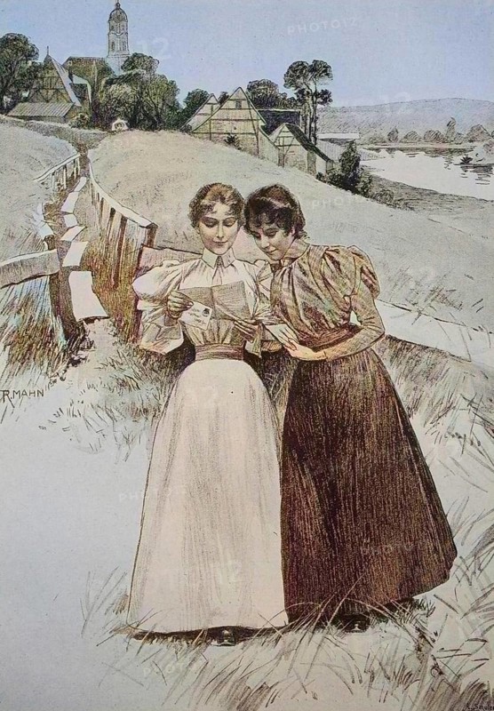 Two Girls Reading a Love Letter Together, 1880, Germany, Historic, digitally restored reproduction of a 19th century original, Europe