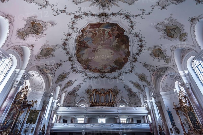 Organ loft in the baroque church of St. Andrew, Nesselwang, Bavaria, Germany, Europe