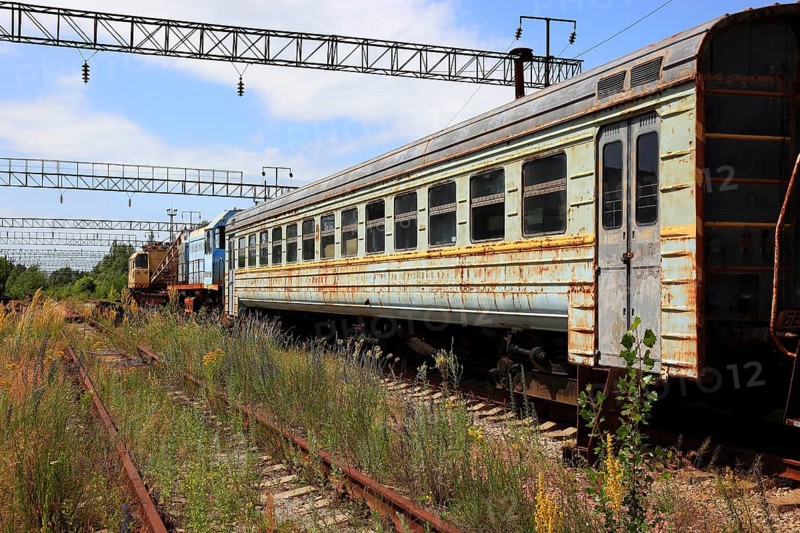 Exclusion zone, train carriage on the site of the former Yaniv railway station, now in the uninhabitable 30-kilometre zone around the Chernobyl power plant and the workers' settlement of Pripyat, Ukraine, Europe