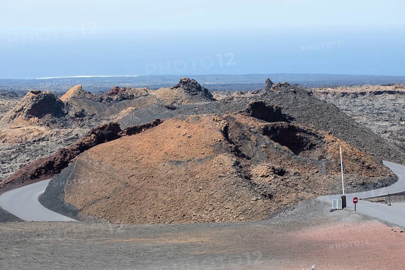 Volcanic landscape with visitor centre in Timanfaya National Park, Lanzarote, Canary Islands, Spain, Europe