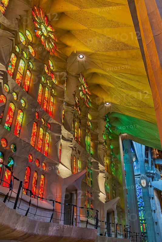 Interior view of the Familia Sagrada by the architect Antonio Gaudi in Barcelona, Spain, Europe