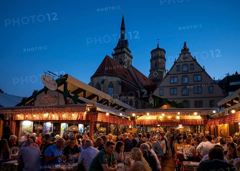 People sitting in wine arbours in the evening, Weindorf Stuttgart, Schillerplatz, collegiate church, Fruchtkasten, blue hour, Stuttgart, Baden-Württemberg, Germany, Europe