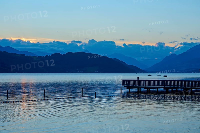 Lake, swimming chain, terrace, outdoor pool, sunset, summer, Lake Millstatt, Döbriach, Carinthia, Austria, Europe