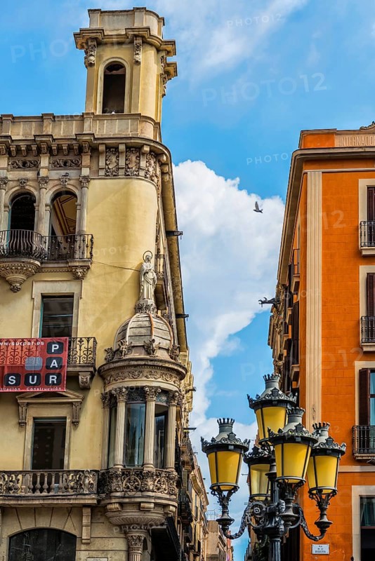 House and street lamp in the old town, Barcelona, Spain, Europe
