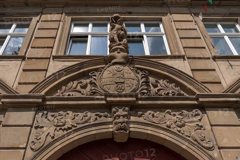 Coat of arms above the gateway of the former provost's court of Michelfeld Monastery in the Upper Palatinate, High Baroque, 1706, Zeil am, Main, Lower Franconia, Bavaria, Germany, Europe