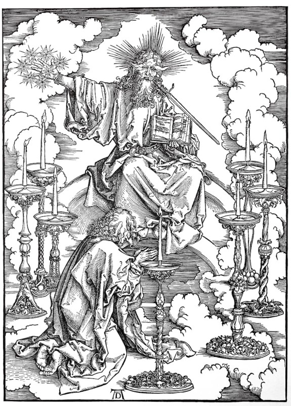 Picture cycle The Apocalypse, St. Johns vision of Christ and the seven candlesticks, woodcut by Albrecht Dürer, historical, digitally improved reproduction of an old woodcut, The Apocalypse, St. Johns vision of Christ and the seven candlesticks, woodcut by Albrecht Dürer, historical, digitally improved reproduction of an old woodcut