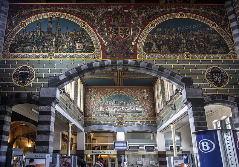Murals in sgraffito style in the main entrance hall of the Gent-Sint-Pieters, Saint Peter's railway station in Ghent, East Flanders, Belgium, Europe