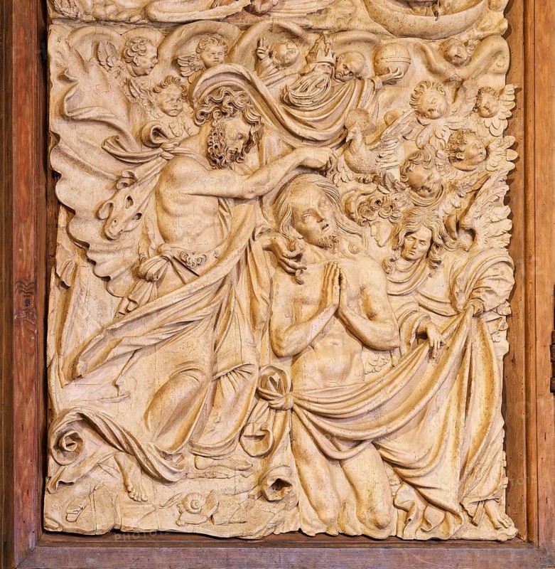 Baptism of Jesus by John the Baptist in the Jordan, relief panel, detail side wing altarpiece, carved altar of the Niederrotweil Madonna, late Gothic, carver Master HL, Saint Michael, Niederrotweil, Vogtsburg, Kaiserstuhl, Upper Rhine, Baden-Württemberg, Germany, Europe