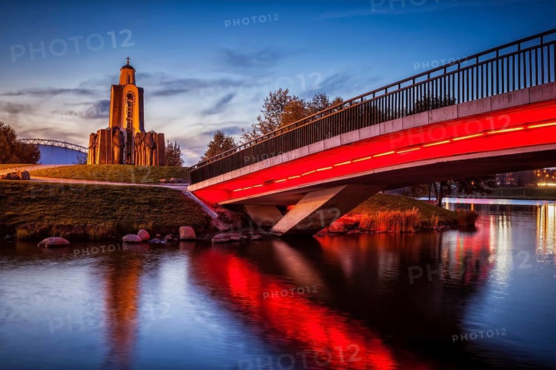 MINSK, BELARUS, SEPTEMBER 19, 2014: Island of Tears with Afganistan war memorial in evening twilight. Minsk, Belarus, Europe