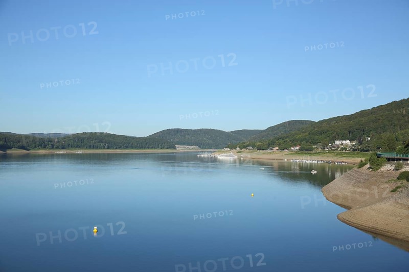 View of landscape from the Edersee near Waldeck-West during low water, forest, lake, Hesse, Germany, Europe