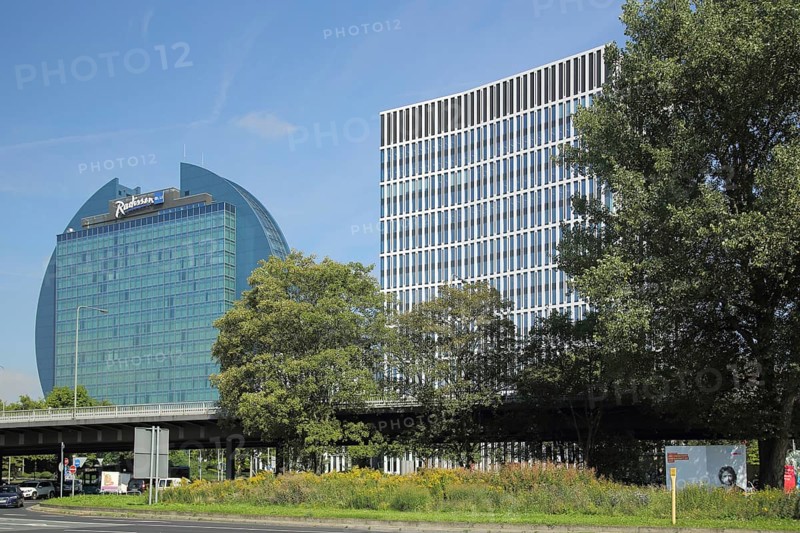 Hotel Radisson Blu 87m and St. Martin Tower or City West Tower, building, glass building, round, glass construction, blue, Bockenheim, Main, Frankfurt, Hesse, Germany, Europe