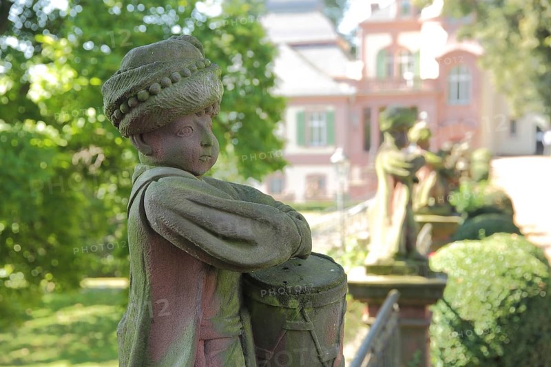 Figure boy with drum in the Bolongaro Garden, drummer, headscarf, oriental, Bolongaro Palace, Höchst, Main, Frankfurt, Hesse, Germany, Europe