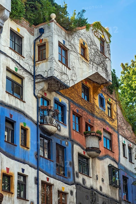 Colorful Facade of Hundertwasserhaus, apartment house designed by Friedensreich Hundertwasser in Vienna, Wien, Austria, Europe