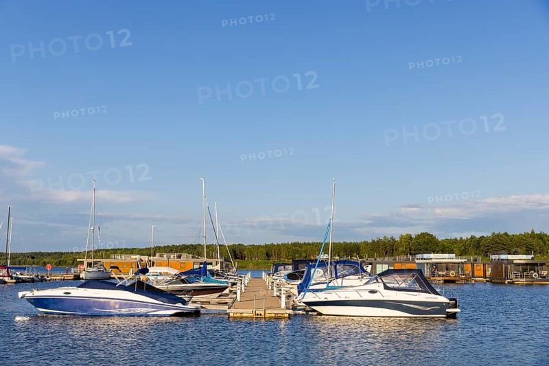 Bärwalder See Landscape Park, post-mining landscape, remnant hole of Bärwalde open-cast mine, SKlitten harbour, yachts, Klitten, Saxony, Germany, Europe
