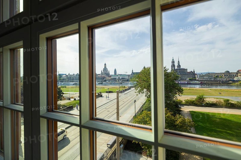 View from the log cabin of the silhouette of Dresden, also known as the Canaletto view, with the Church of Our Lady, Hofkirche and Hausmannsturm