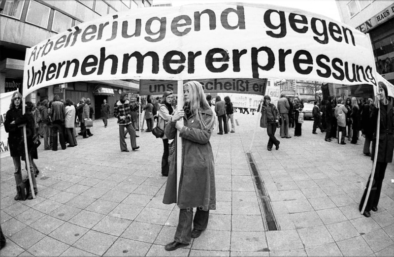 Several hundred apprentices, pupils and students demonstrated together against the reduction of apprenticeships and youth unemployment on 15.03.1975 in Essen, Germany, Europe
