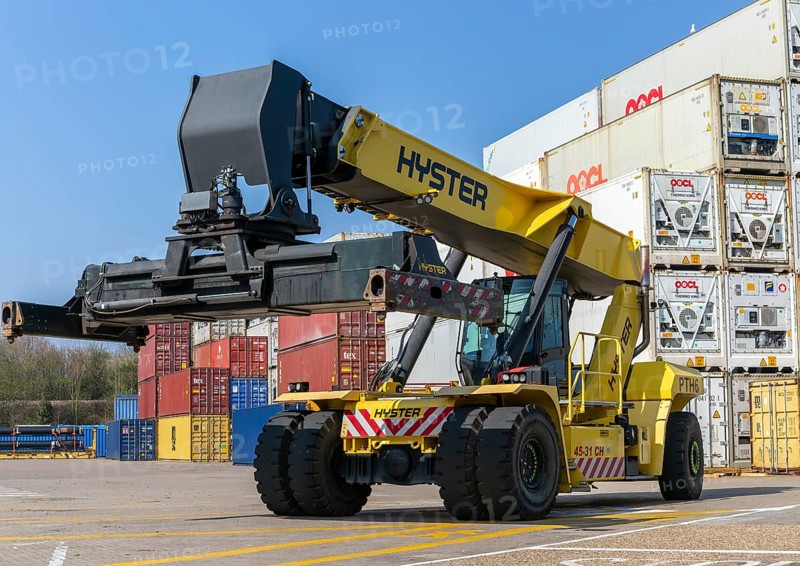 Hyster container carrier reach stacker, Pentalver Transport container storage facility, Port of Felixstowe, Suffolk, England, UK