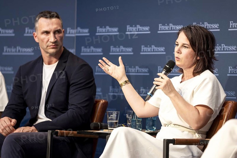 Dialogue in Chemnitz, 14.07.2023., Chemnitz, Germany, Annalena Bärbock (Bündnis 90 Die Grünen), Federal Minister for Foreign Affairs, and Wladimir Klitschko recorded in the context of a joint citizens' dialogue, Europe