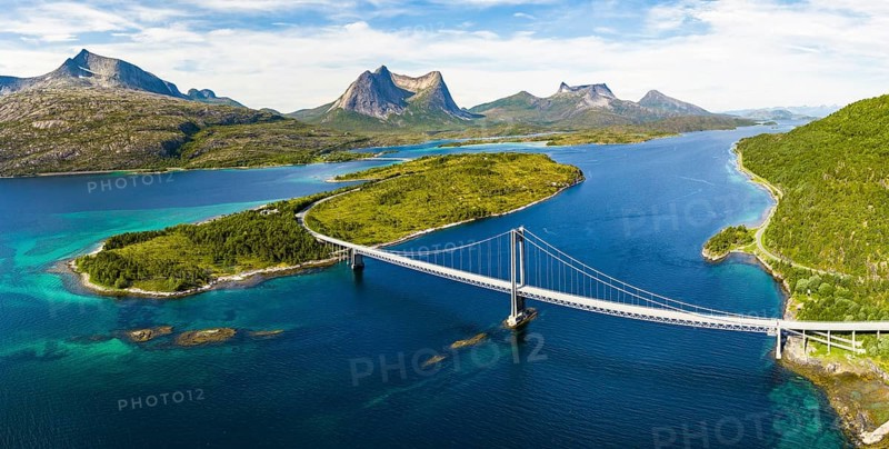 Fjord with islands in front of Bergen, Mount Stortinden, bridge over Kjerringstraumen, Efjord, Tysfjord, Ofoten, Nordland, Norway, Europe