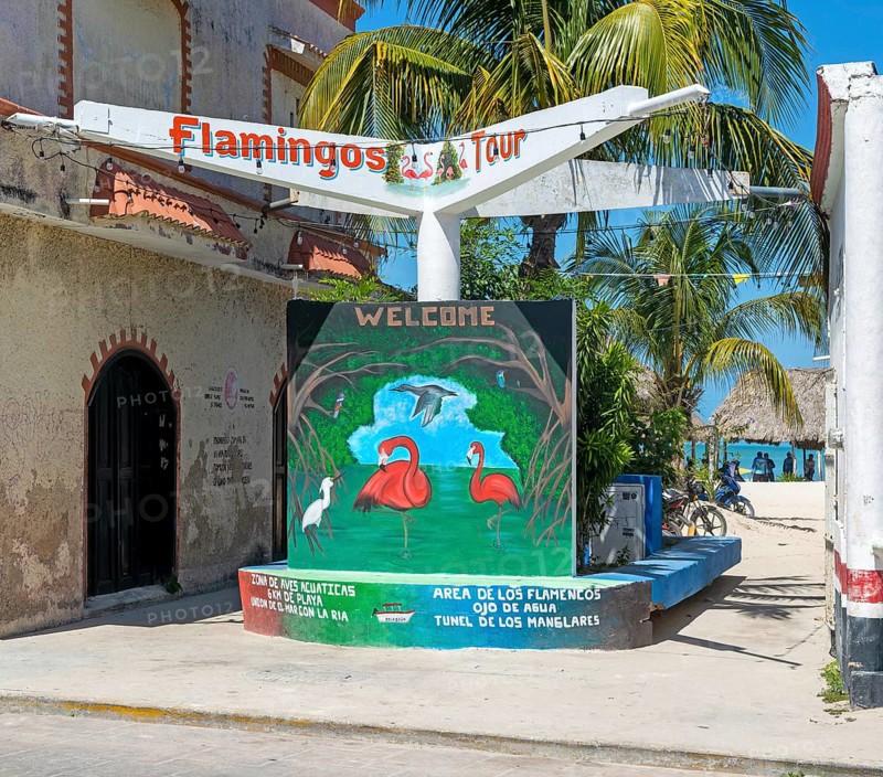Flamingo tour advertising at small coastal settlement on Gulf of Mexico, Celestun, Yucatan, Mexico, Central America