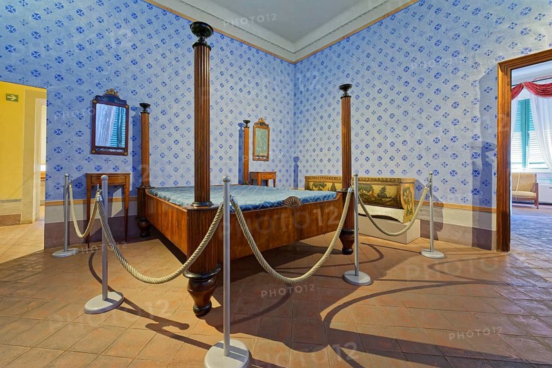 Bedroom with original bed, exhibition room in the birthplace of the composer Giacomo Puccini, Casa Natale di Giacomo Puccini, Lucca, Tuscany, Italy, Europe