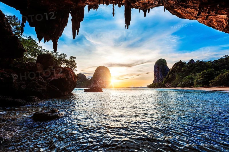 Tropical holidays beach vacation in Thailand tourism concept, Pranang beach on sunset. Railay, Krabi Province Thailand