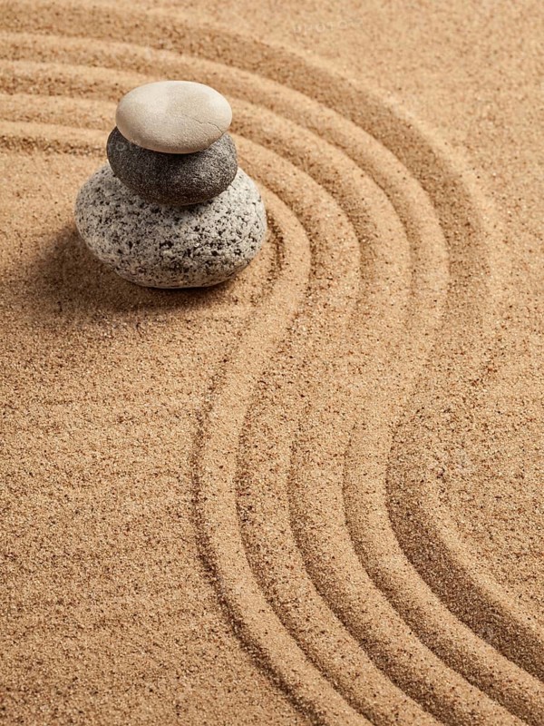 Japanese Zen stone garden, relaxation, meditation, simplicity and balance concept, pebbles and raked sand tranquil calm scene