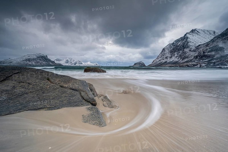 Coast with islands and mountains, Haukland beach, Vestvågøya, Lofoten, Norway, Europe