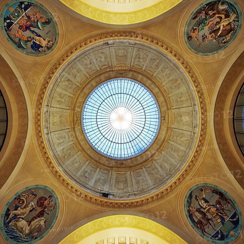 View up to the glass dome above the foyer in the spa hotel and Casino in the evening, Wiesbaden, Hesse, Germany, Europe