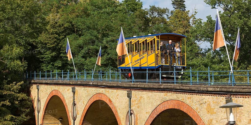Nerobergbahn on the viaduct, rack-and-pinion funicular railway, technical cultural monument, Wiesbaden, Hesse, Germany, Europe