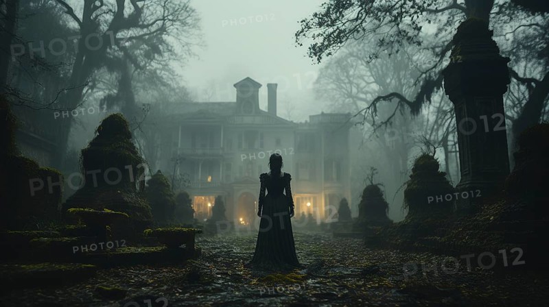 Eerie haunting ghostly female figure walking in front of a foggy southern plantation antebellum mansion on halloween night, generative AI