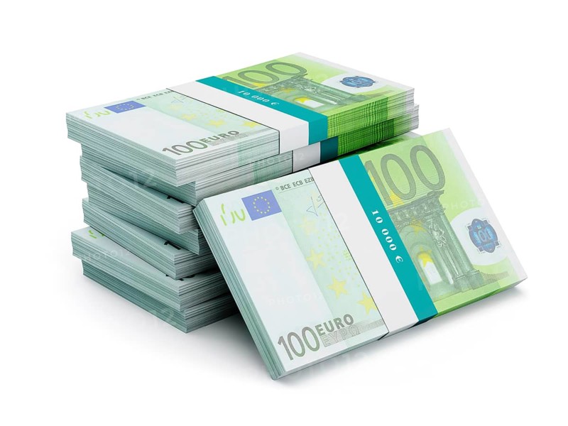 Creative business finance making money concept, stack of 100 euro banknotes bills bundles isolated on white background